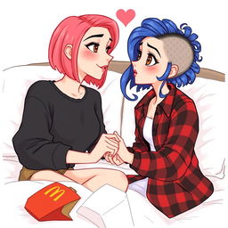 A delightful Disney-style drawing of two women sitting on a bed, embodying love and affection