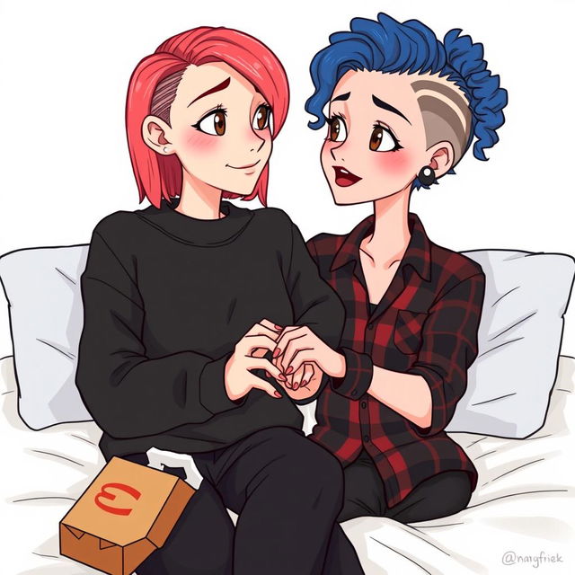 A cute animated style drawing of two women sitting on a bed, radiating affection