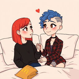 A cute animated style drawing of two women sitting on a bed, radiating affection