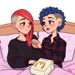 A cute animated style drawing of two women sitting on a bed, radiating affection