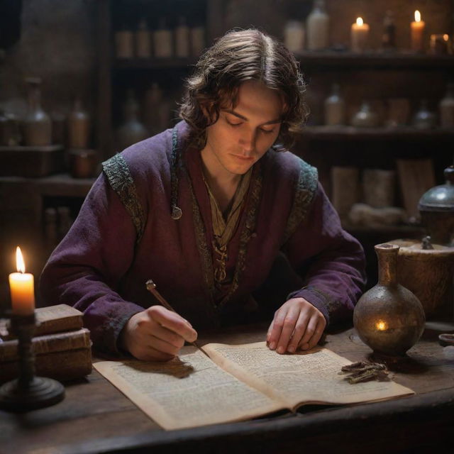 A youthful alchemist engrossed in carefully combining mysterious ingredients into a shimmering potion, surrounded by ancient texts and mystical artifacts in a dimly-lit medieval workshop.