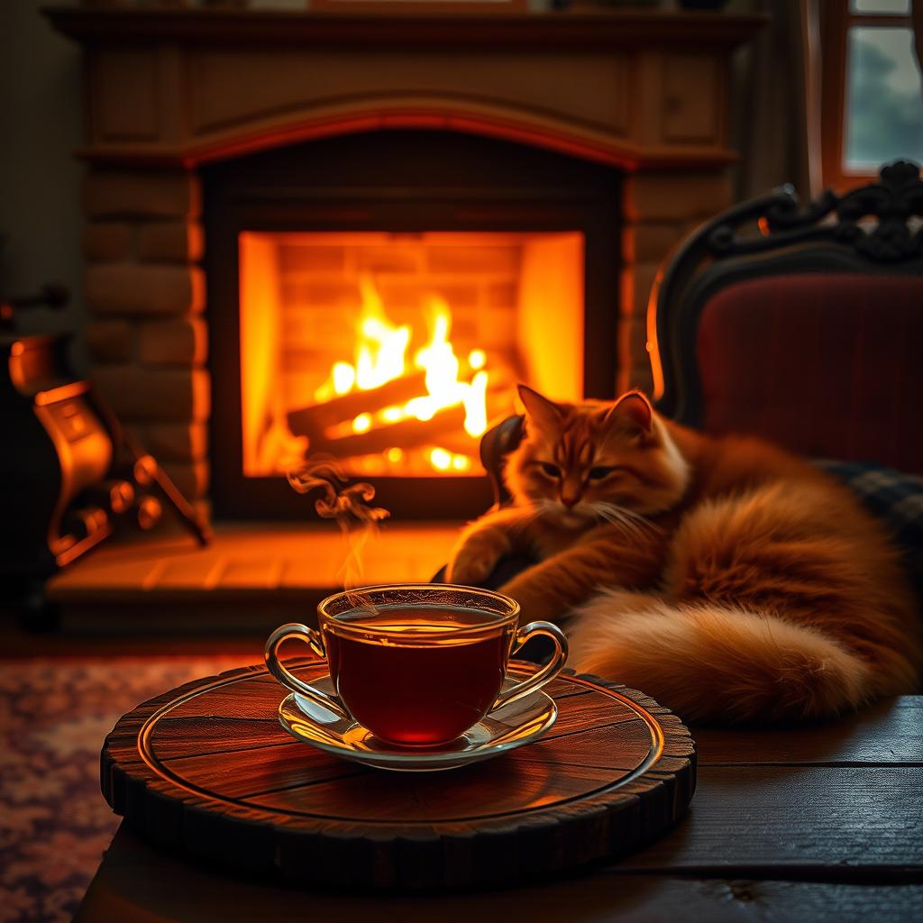 An inviting evening scene featuring a glowing fireplace with warm flames, casting soft light around the room