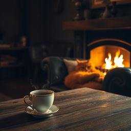 An inviting evening scene featuring a glowing fireplace with warm flames, casting soft light around the room