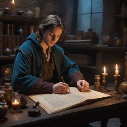 A youthful alchemist engrossed in carefully combining mysterious ingredients into a shimmering potion, surrounded by ancient texts and mystical artifacts in a dimly-lit medieval workshop.