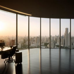 In broad daylight, the penthouse office of the SWAT Commander, characterized by its sweeping glass walls providing a panoramic view of the bustling city.