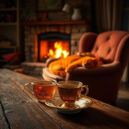 A cozy evening scene featuring a softly lit background with a bright, crackling fireplace casting warm light across the room