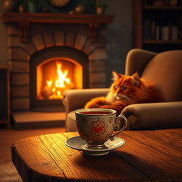 A cozy evening scene featuring a softly lit background with a bright, crackling fireplace casting warm light across the room