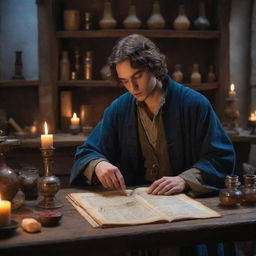 A youthful alchemist engrossed in carefully combining mysterious ingredients into a shimmering potion, surrounded by ancient texts and mystical artifacts in a dimly-lit medieval workshop.