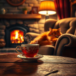 A cozy evening scene featuring a softly lit background with a bright, crackling fireplace casting warm light across the room