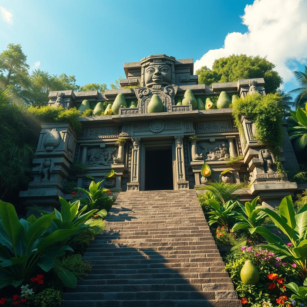 A grand and ancient temple dedicated to The Avocado, featuring intricate carvings of avocados and lush greenery