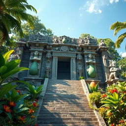 A grand and ancient temple dedicated to The Avocado, featuring intricate carvings of avocados and lush greenery