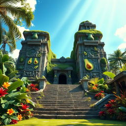 A grand and ancient temple dedicated to The Avocado, featuring intricate carvings of avocados and lush greenery