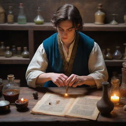 A youthful alchemist engrossed in carefully combining mysterious ingredients into a shimmering potion, surrounded by ancient texts and mystical artifacts in a dimly-lit medieval workshop.