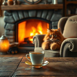 A cozy evening scene with a light background, featuring a brightly burning fireplace that radiates warmth