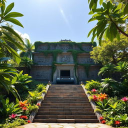 A majestic temple of The Avocado, built from ancient stone and bedecked with lush vines and tropical flora