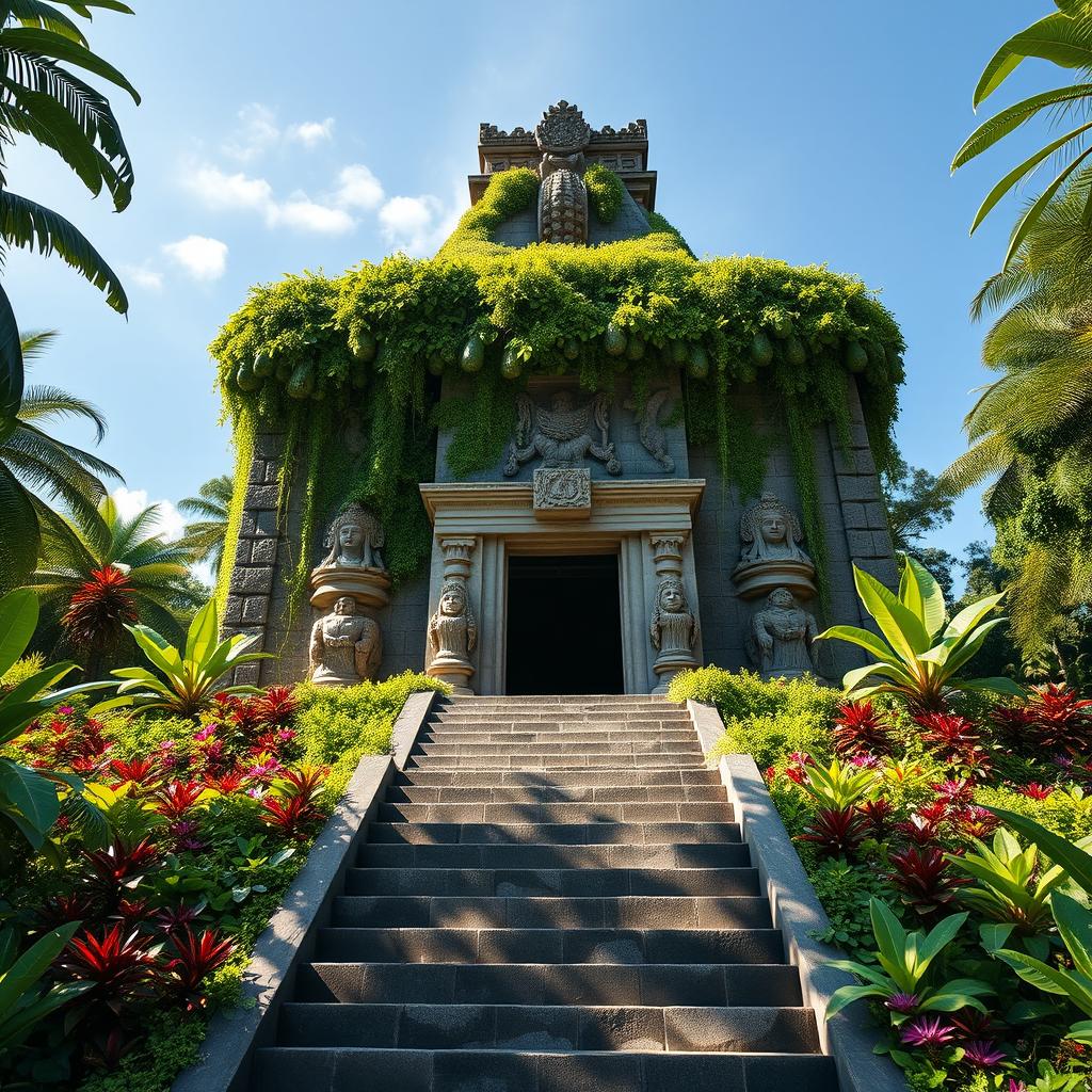 A majestic temple of The Avocado, built from ancient stone and bedecked with lush vines and tropical flora