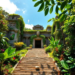 A majestic temple of The Avocado, built from ancient stone and bedecked with lush vines and tropical flora