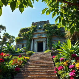 A majestic temple of The Avocado, built from ancient stone and bedecked with lush vines and tropical flora