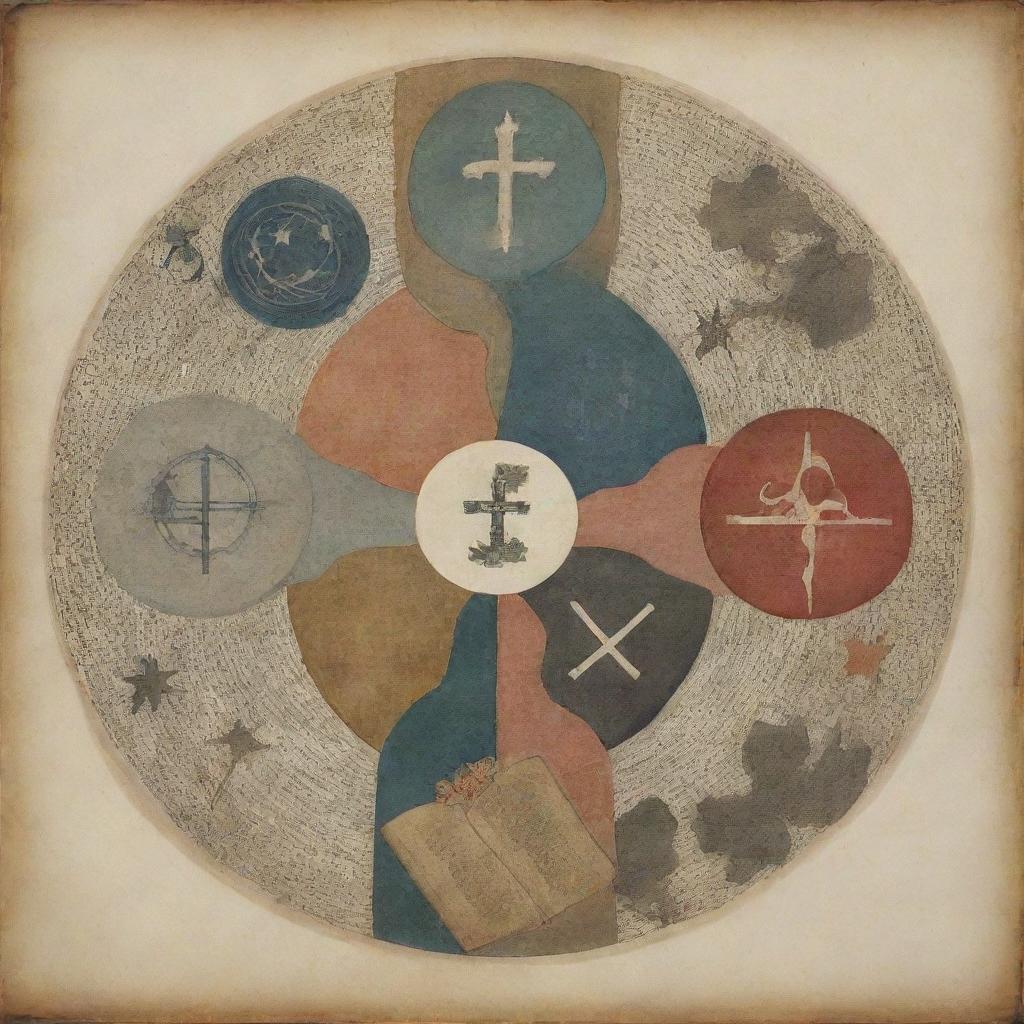 Visualize an abstract representation of religion merging with philosophy. Picture symbols like crosses, stars, and Yin yang coalescing with elements such as thinkers, books, and natural elements representing debate, wisdom, and ethical questions.