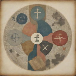 Visualize an abstract representation of religion merging with philosophy. Picture symbols like crosses, stars, and Yin yang coalescing with elements such as thinkers, books, and natural elements representing debate, wisdom, and ethical questions.