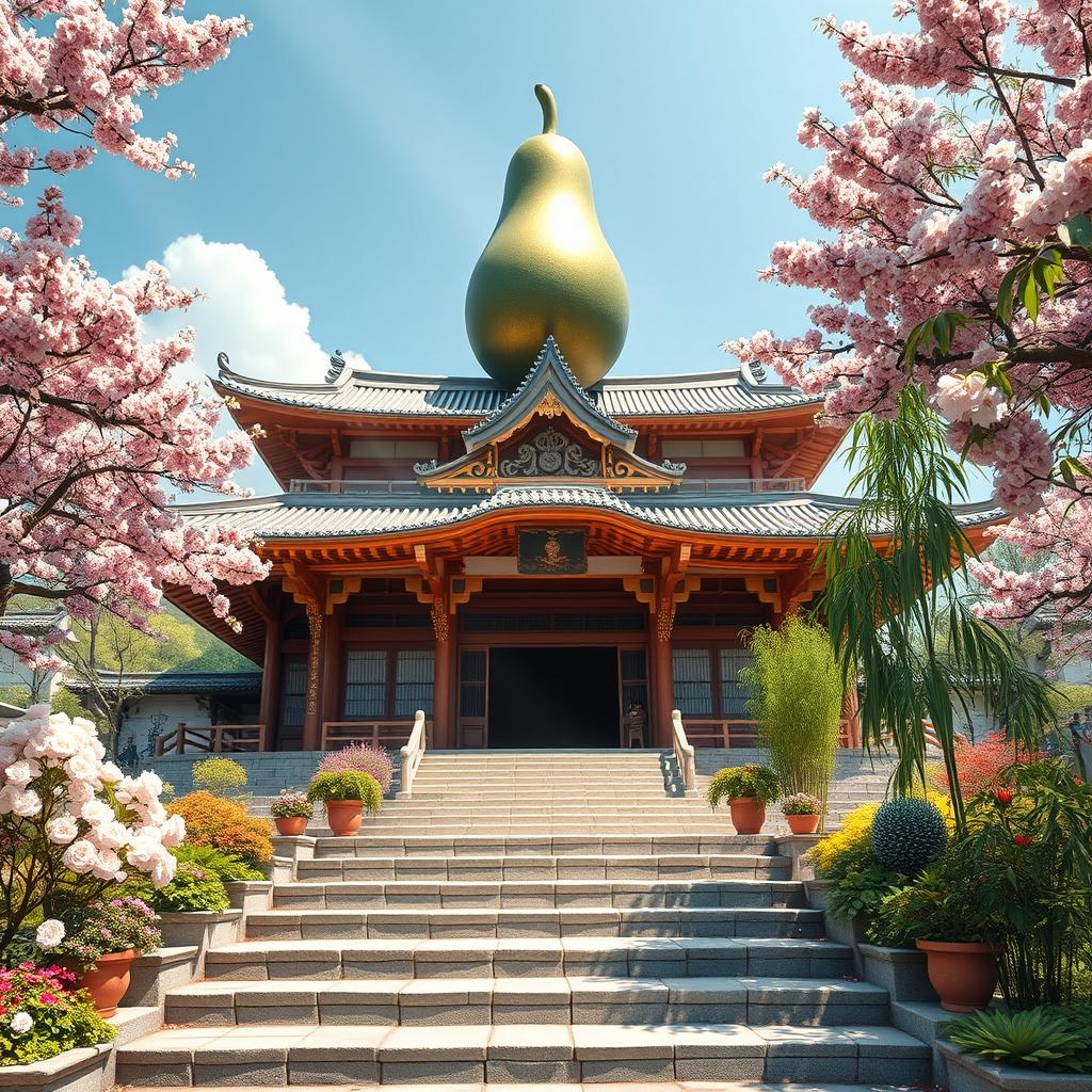 An elegant Asian-style temple, featuring intricate architecture with sweeping curved roofs and ornate wooden details