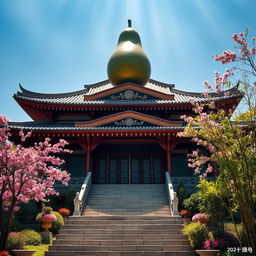 An elegant Asian-style temple, featuring intricate architecture with sweeping curved roofs and ornate wooden details