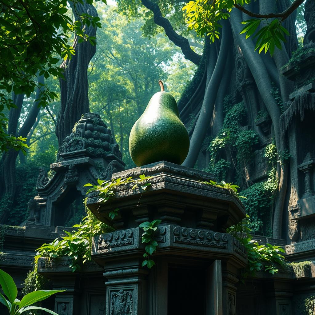 An ancient Asian jungle temple, overgrown with lush green vines and surrounded by dense foliage, highlighting intricate stone carvings