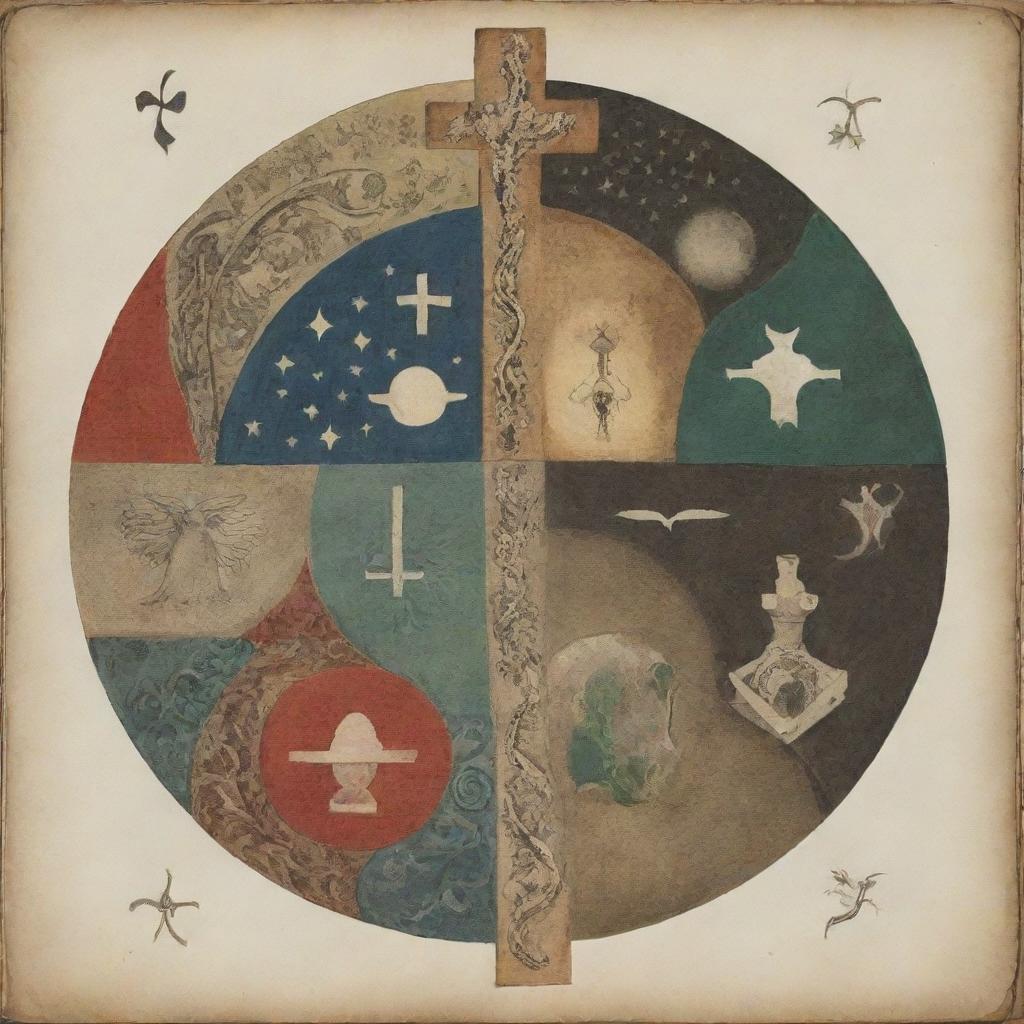 Visualize an abstract representation of religion merging with philosophy. Picture symbols like crosses, stars, and Yin yang coalescing with elements such as thinkers, books, and natural elements representing debate, wisdom, and ethical questions.