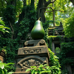 An ancient Asian jungle temple, overgrown with lush green vines and surrounded by dense foliage, highlighting intricate stone carvings