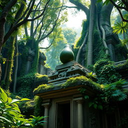 An ancient Asian jungle temple, overgrown with lush green vines and surrounded by dense foliage, highlighting intricate stone carvings