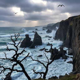 A dramatic coastal scene featuring a boiling ocean with waves crashing violently against rugged cliffs