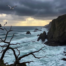 A dramatic coastal scene featuring a boiling ocean with waves crashing violently against rugged cliffs