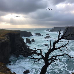 A dramatic coastal scene featuring a boiling ocean with waves crashing violently against rugged cliffs