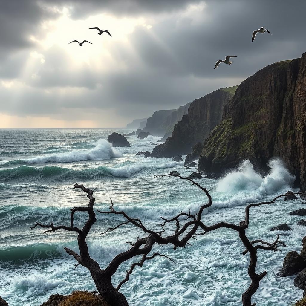 A dramatic coastal scene featuring a boiling ocean with waves crashing violently against rugged cliffs