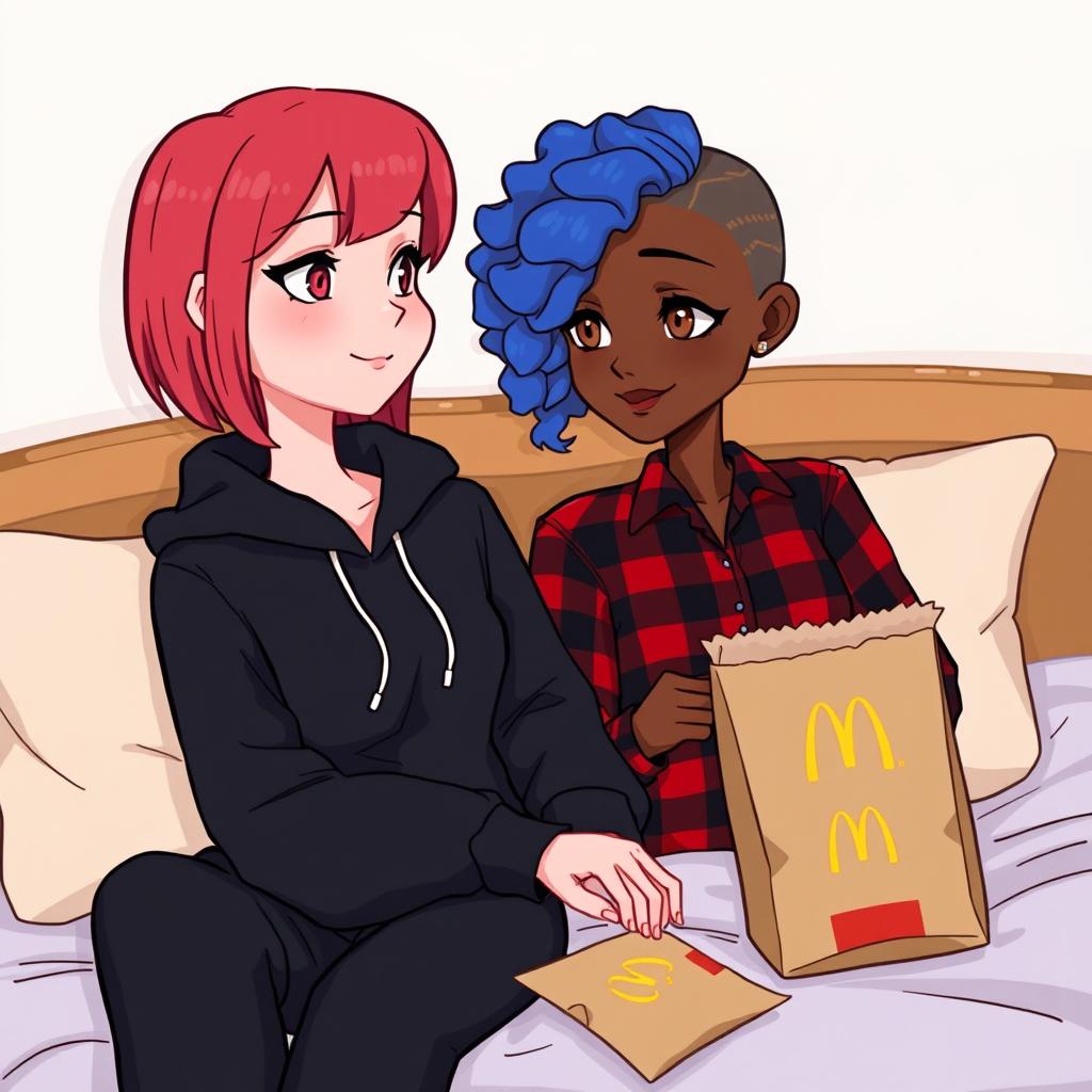 A cute animated style illustration of two women sitting on a bed