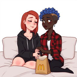 A cute animated style illustration of two women sitting on a bed