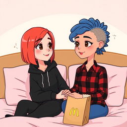 A cute animated style illustration of two women sitting on a bed