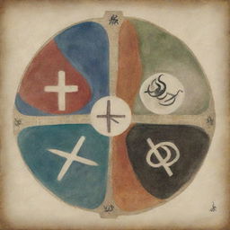 Visualize an abstract representation of religion merging with philosophy. Picture symbols like crosses, stars, and Yin yang coalescing with elements such as thinkers, books, and natural elements representing debate, wisdom, and ethical questions.