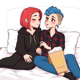 A cute animated style illustration of two women sitting on a bed