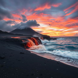 A breathtaking scene depicting a pyroclastic flow cascading down a volcanic slope and entering the ocean