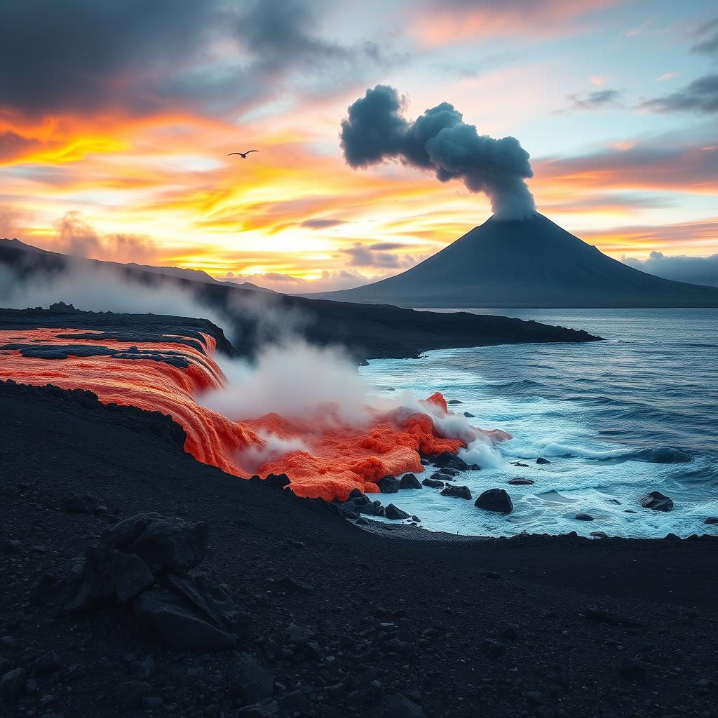 A breathtaking scene depicting a pyroclastic flow cascading down a volcanic slope and entering the ocean