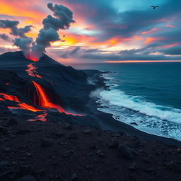 A breathtaking scene depicting a pyroclastic flow cascading down a volcanic slope and entering the ocean