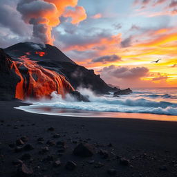 A breathtaking scene depicting a pyroclastic flow cascading down a volcanic slope and entering the ocean