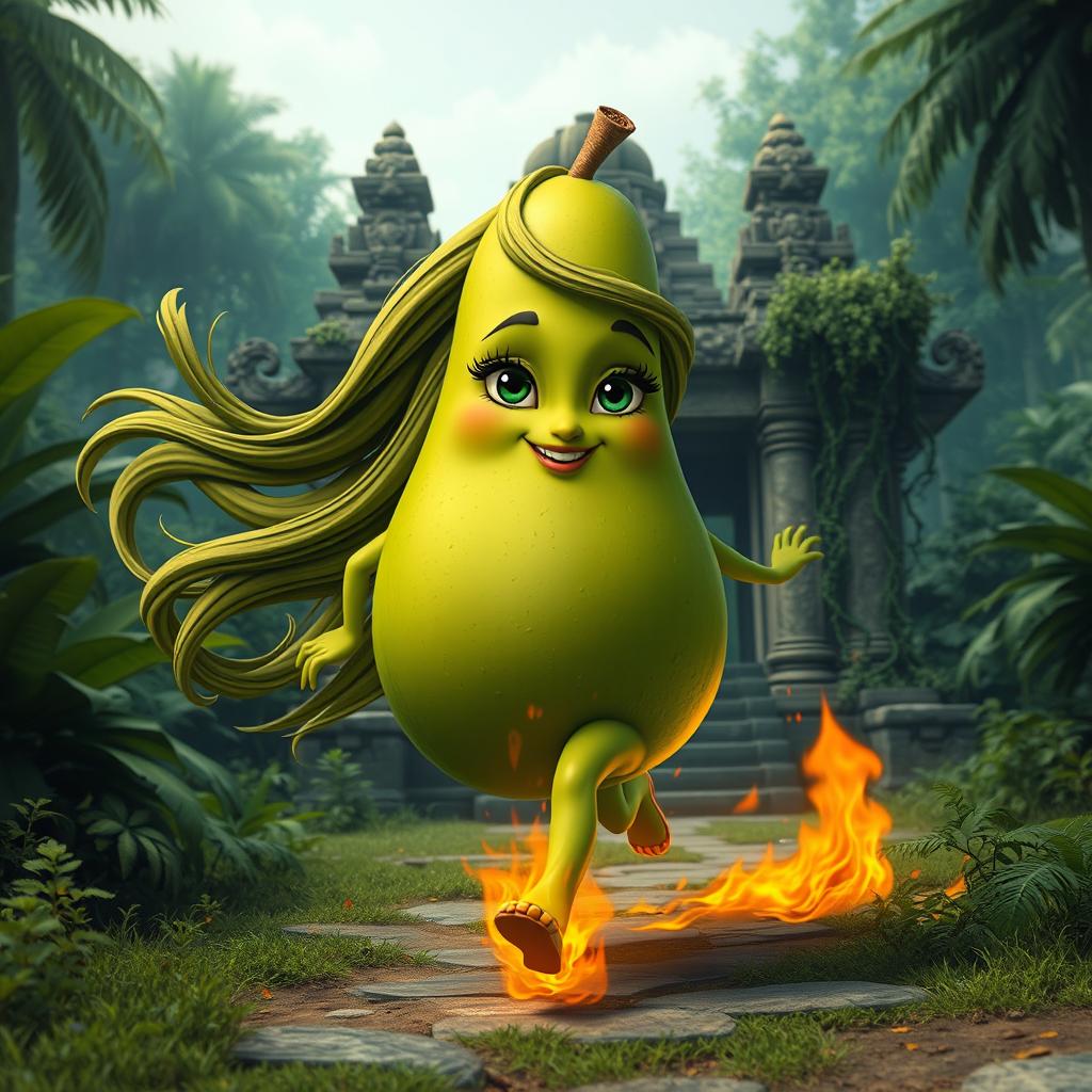 A whimsical and anthropomorphic feminine avocado with long flowing hair and long eyelashes, energetically running toward an ancient jungle temple