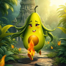 A whimsical and anthropomorphic feminine avocado with long flowing hair and long eyelashes, energetically running toward an ancient jungle temple