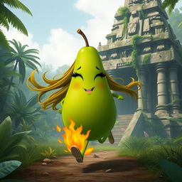 A whimsical and anthropomorphic feminine avocado with long flowing hair and long eyelashes, energetically running toward an ancient jungle temple