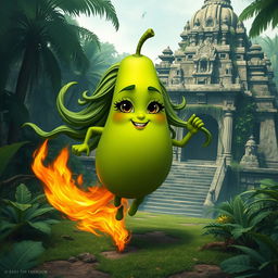 A whimsical and anthropomorphic feminine avocado with long flowing hair and long eyelashes, energetically running toward an ancient jungle temple