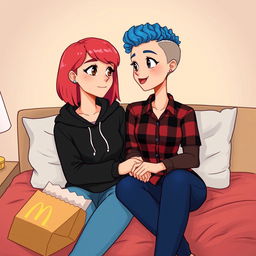 A cute animated style illustration of two women sitting on a bed