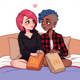 A cute animated style illustration of two women sitting on a bed