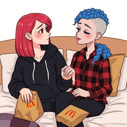 A cute animated style illustration of two women sitting on a bed